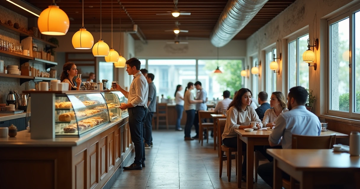 Cantina tradicional com funcionários e atendente 