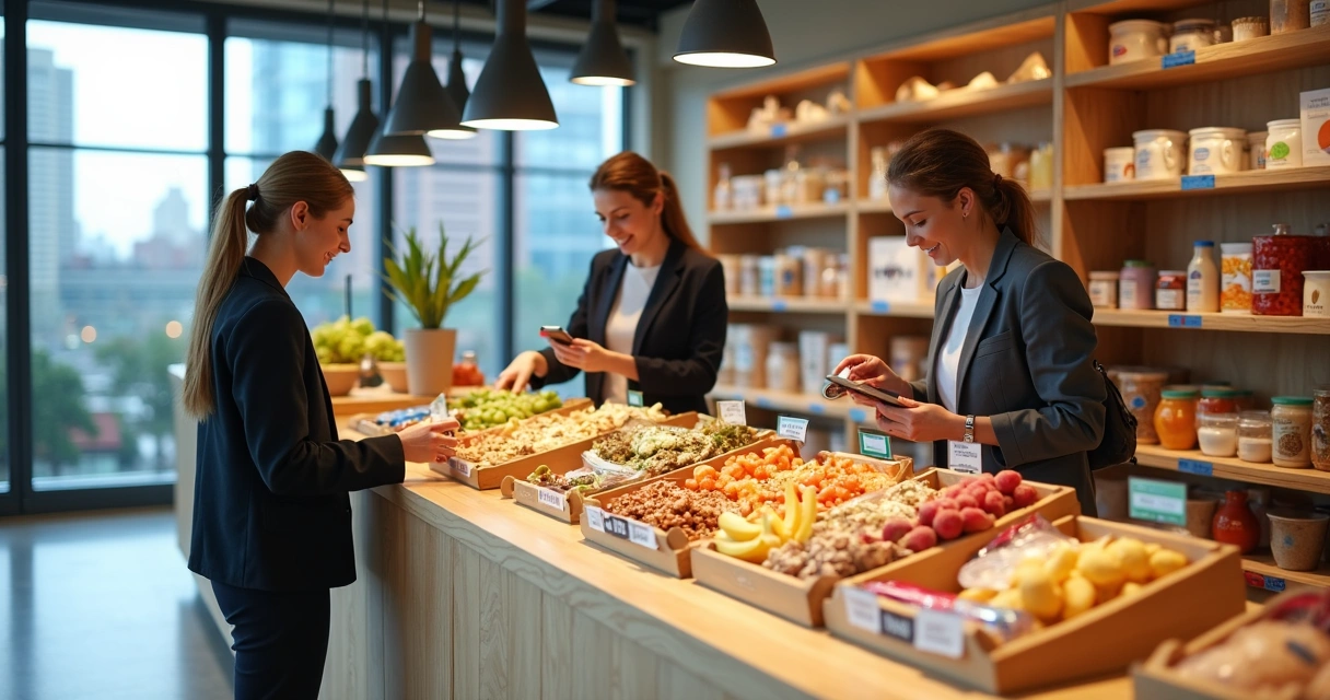 Colaboradores analisando rótulos de produtos com restrições alimentares em área de convivência corporativa