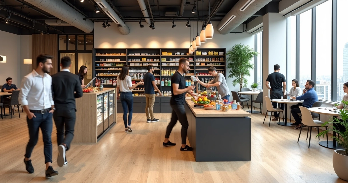 Vista ampla de coworking moderno com mercado modular integrado ao ambiente de trabalho