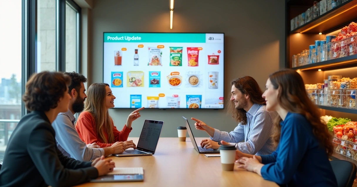 Equipe em escritório vendo apresentação com novidades de produtos