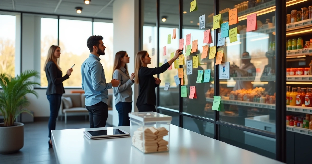 Funcionários colando post-its de feedback em painel perto de mural com produtos do mercado