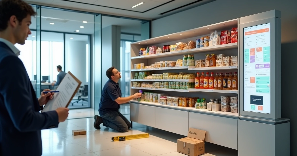 Gestor marca checklist em frente a estrutura de minimercado corporativo em montagem
