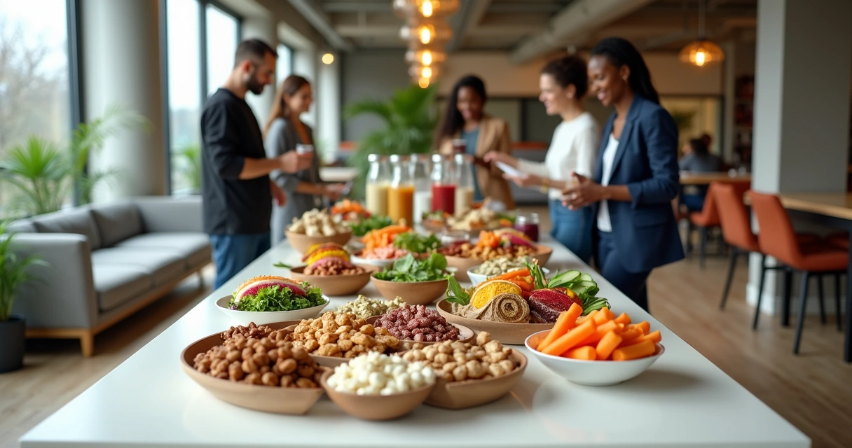 Colaboradores servem lanches veganos coloridos em espaço de convivência do escritório
