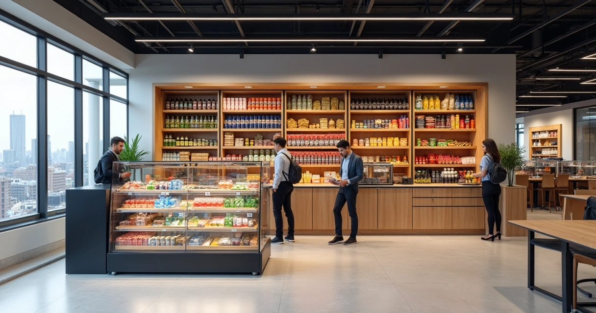 Mini mercado modular instalado em escritório corporativo 