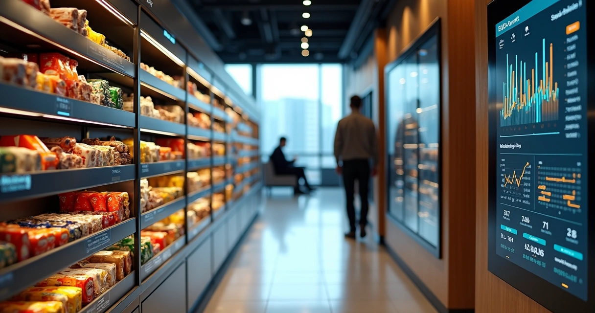 Prateleira inteligente em mini mercado corporativo com sensores e tela digital