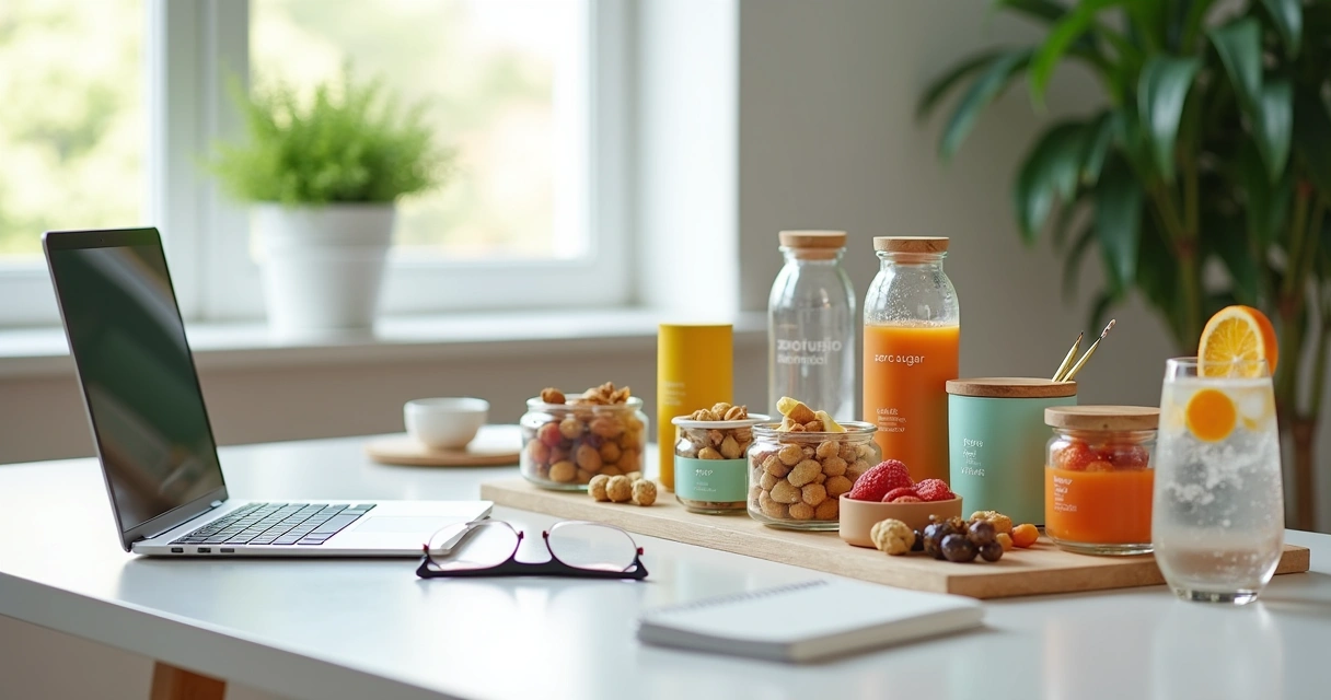 Bancada de escritório com snacks zero açúcar organizados ao lado de laptop e itens de trabalho
