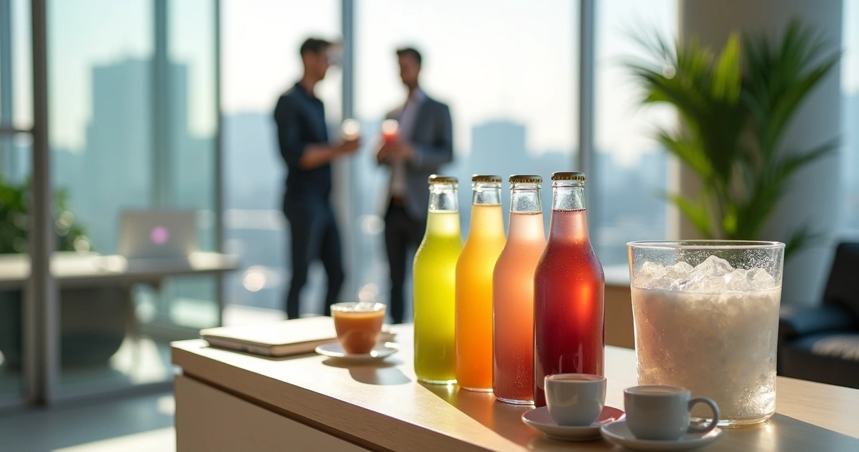 Balcão de escritório com bebidas funcionais coloridas ao lado de computador e caderno