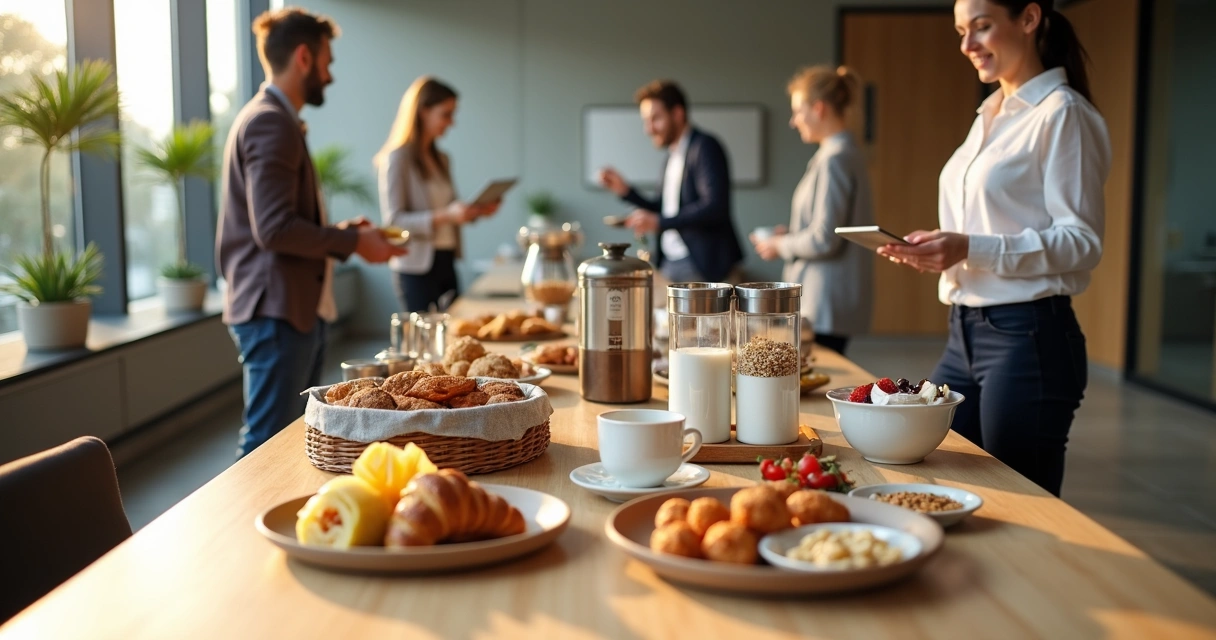 Mesa de café da manhã colaborativo em espaço de trabalho moderno