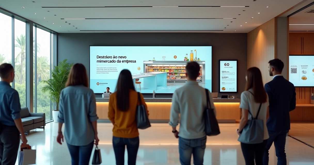 Video de boas-vindas sobre minimercado corporativo exibido em telão de recepção de empresa