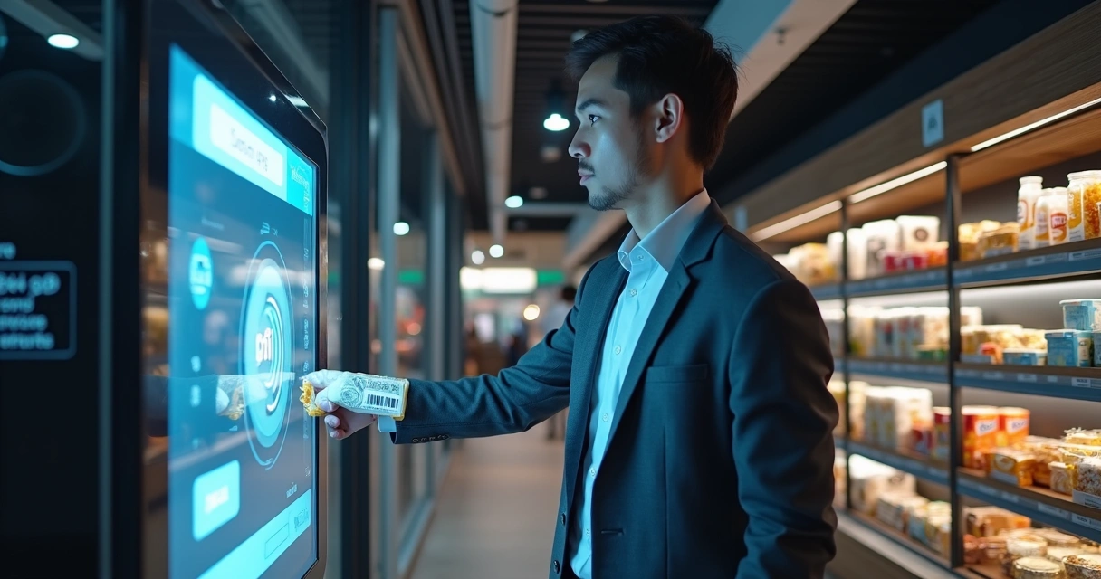Cliente em mercado autônomo aproximando produto de leitora RFID transparente
