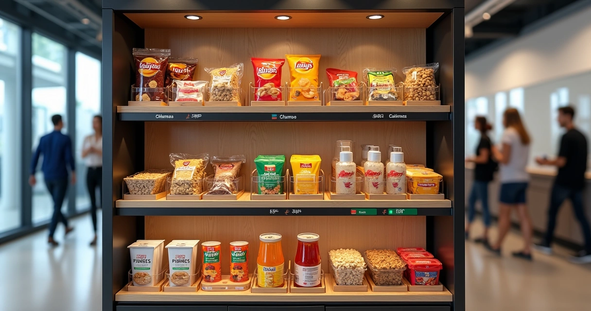 Prateleiras de mini mercado interno exibindo combos promocionais organizados no ambiente corporativo