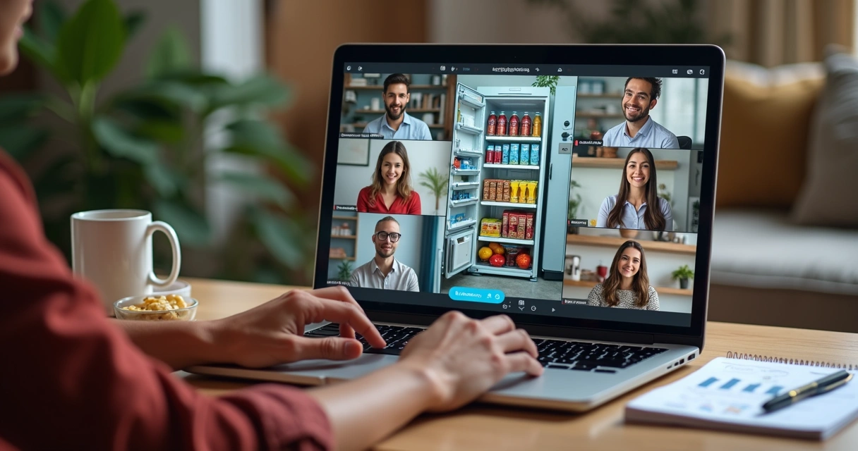 Grupo virtual em videoconferência observando minimercado corporativo na tela compartilhada