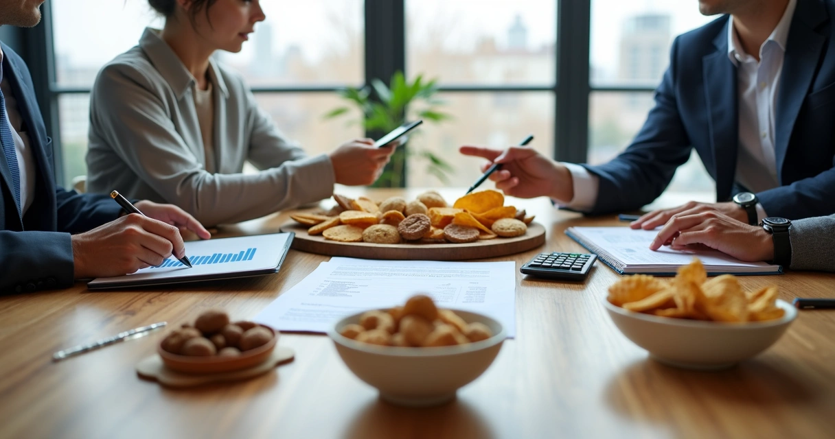 Gestores em reunião negociando contrato de fornecimento de snacks com fornecedor