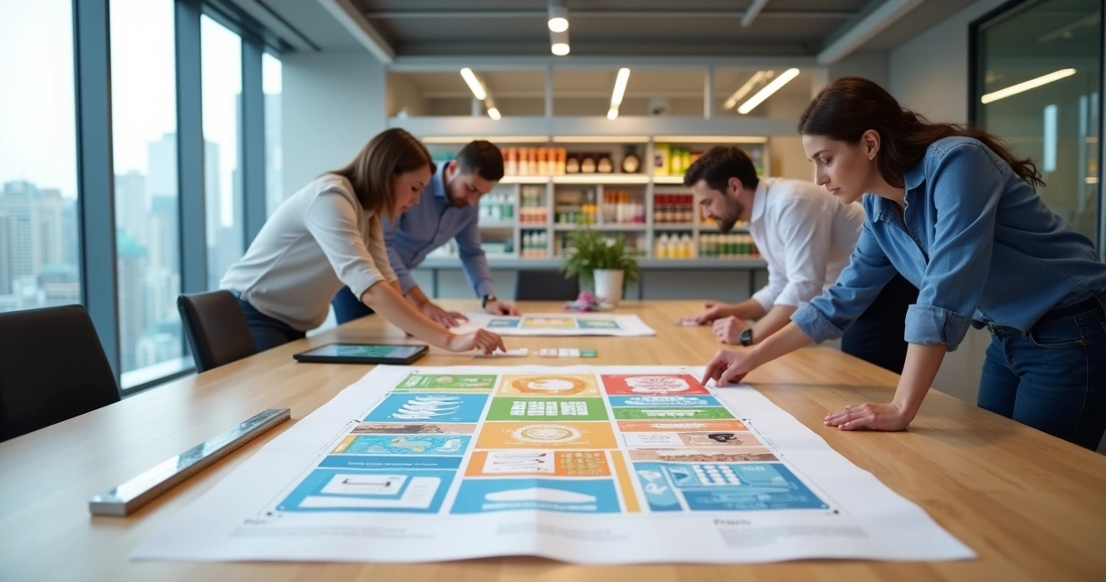Equipe de empresa analisando planta de mini mercado corporativo em sala de reunião moderna