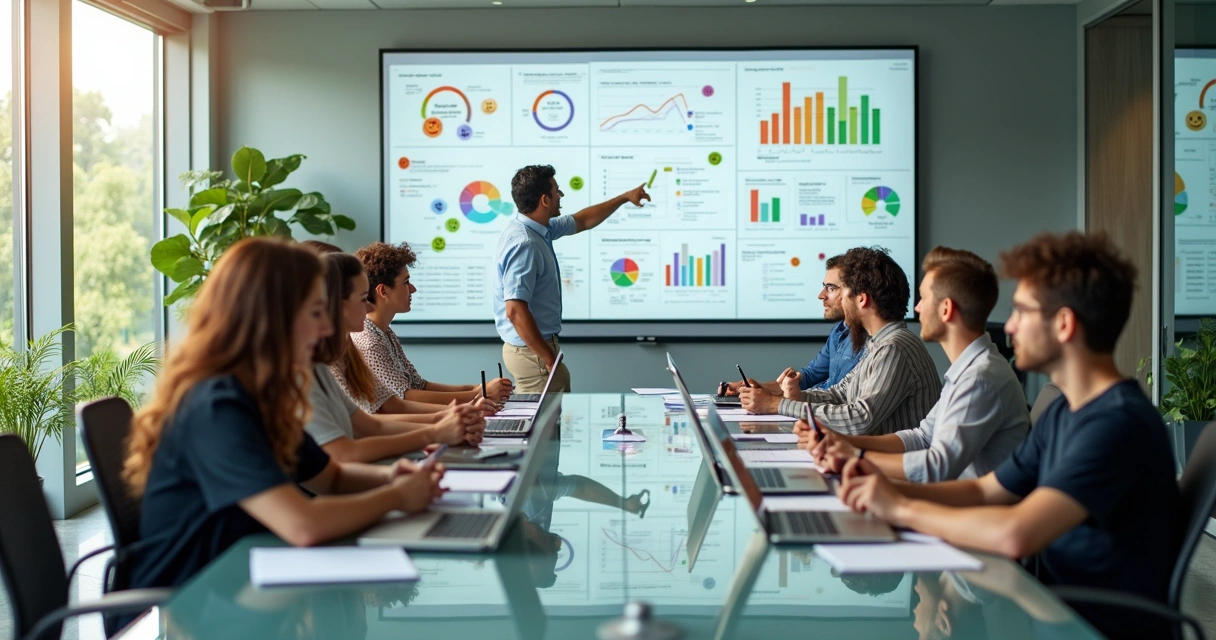Gestores e colaboradores analisam mural de feedback colorido em sala de reunião moderna