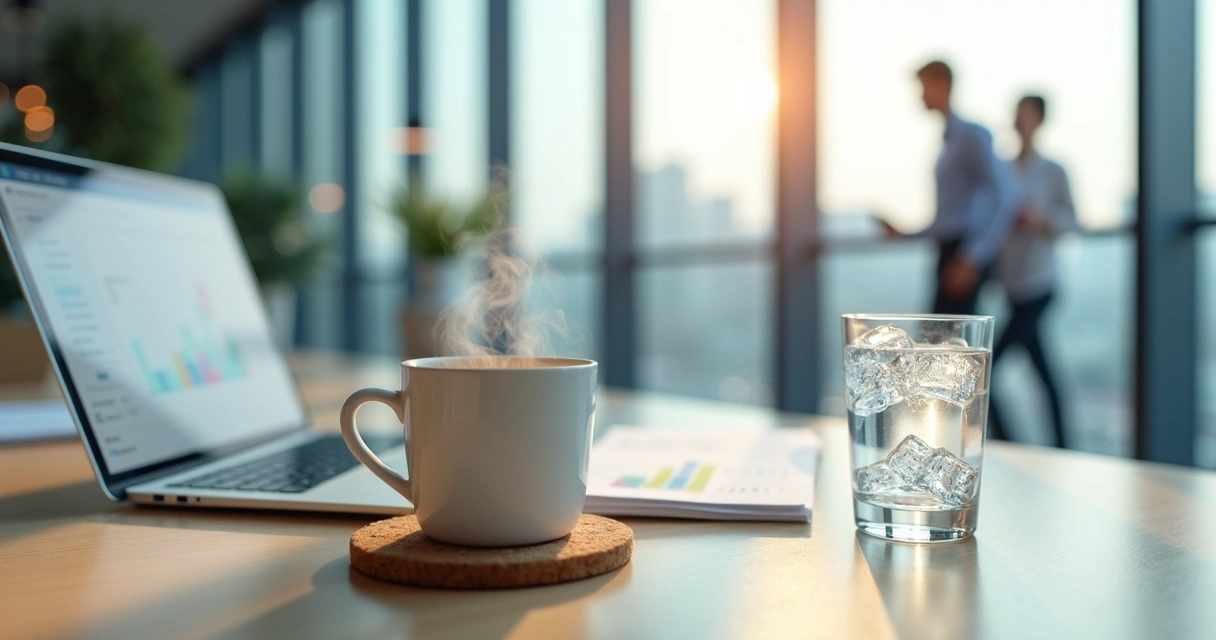 Mesa de escritório com caneca de café quente e copo de água gelada lado a lado