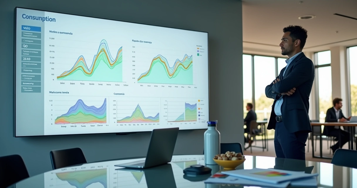 Gestor observa painel digital com gráfico de consumo sazonal em escritório corporativo