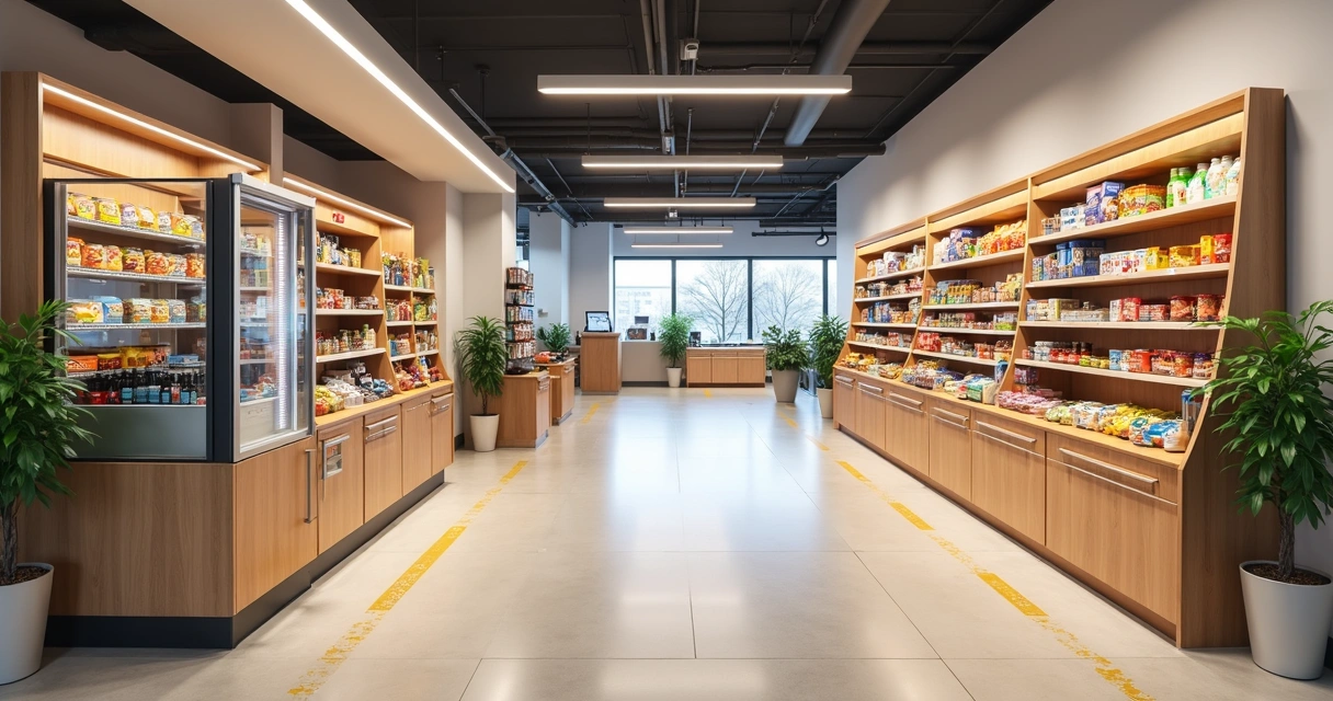 Layout ergonômico de minimercado interno com circulação ampla e prateleiras bem organizadas