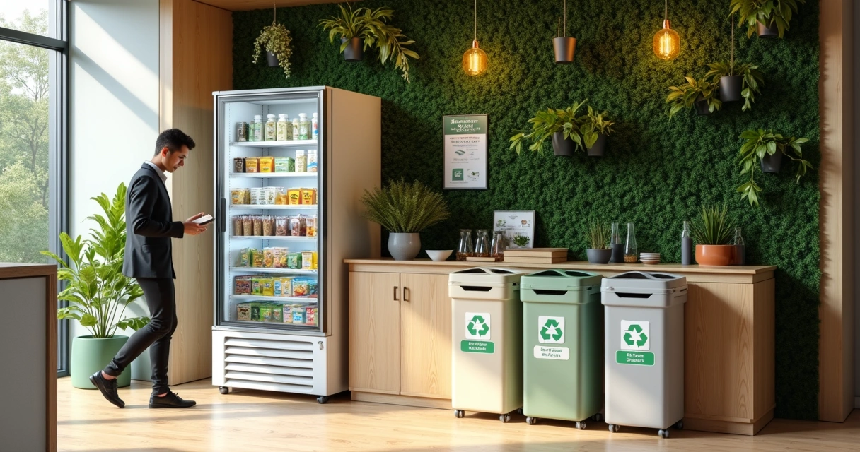 Minimercado corporativo integrado a parede verde com lixeira de reciclagem ao lado