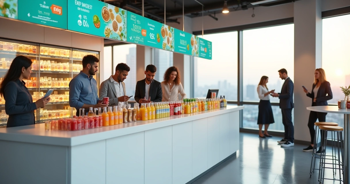 Colaboradores escolhendo bebidas coloridas em estação moderna de refrescos no escritório