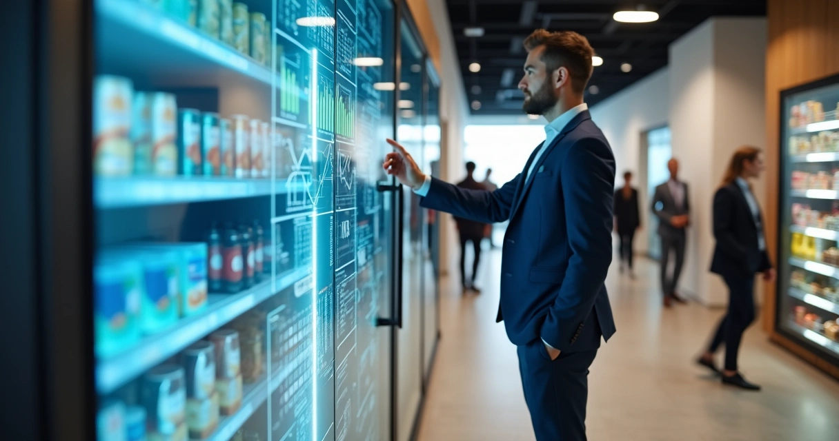 Analista ajustando gráficos de consumo em grande painel digital em área de conveniência corporativa