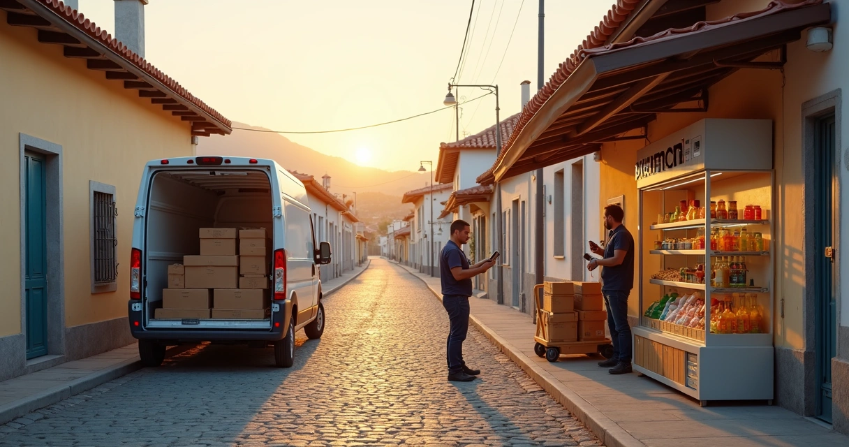 Furgão de entrega abastecendo mini mercado em cidade pequena ao amanhecer