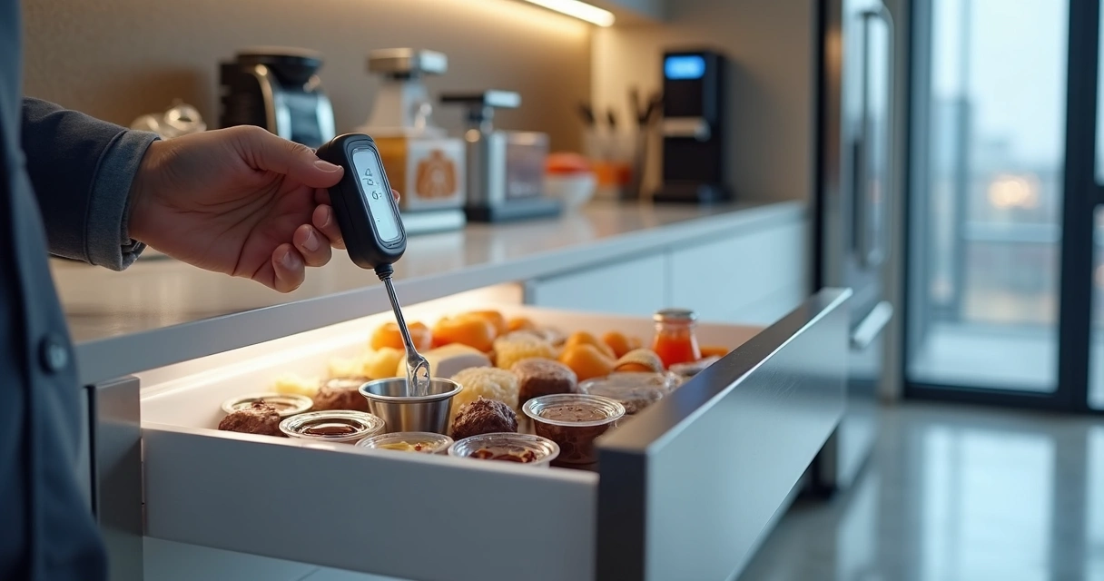 Sensor digital medindo temperatura em bandeja de snacks variados