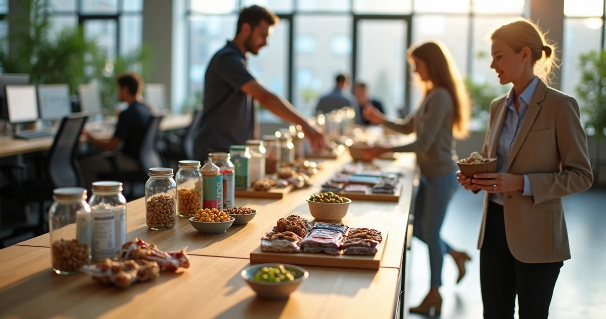 Estações de trabalho com colaboradores pegando snacks proteicos em bancada compartilhada