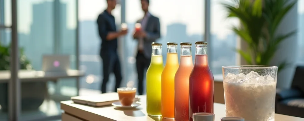 Balcão de escritório com bebidas funcionais coloridas ao lado de computador e caderno