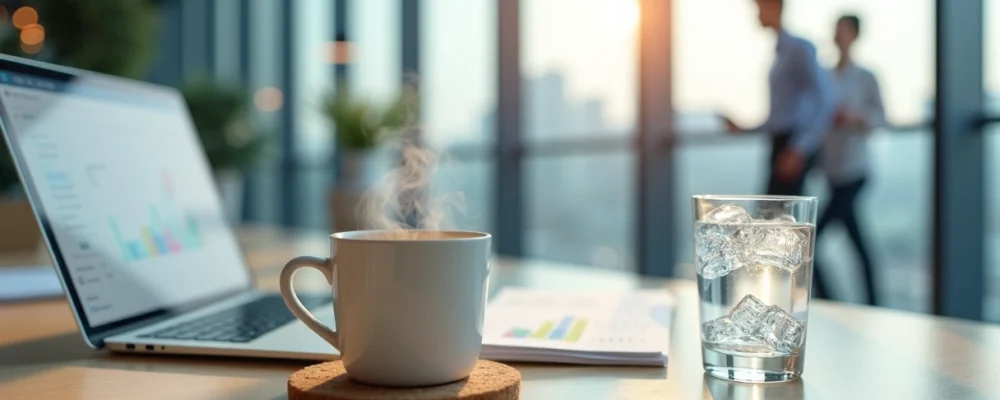 Mesa de escritório com caneca de café quente e copo de água gelada lado a lado