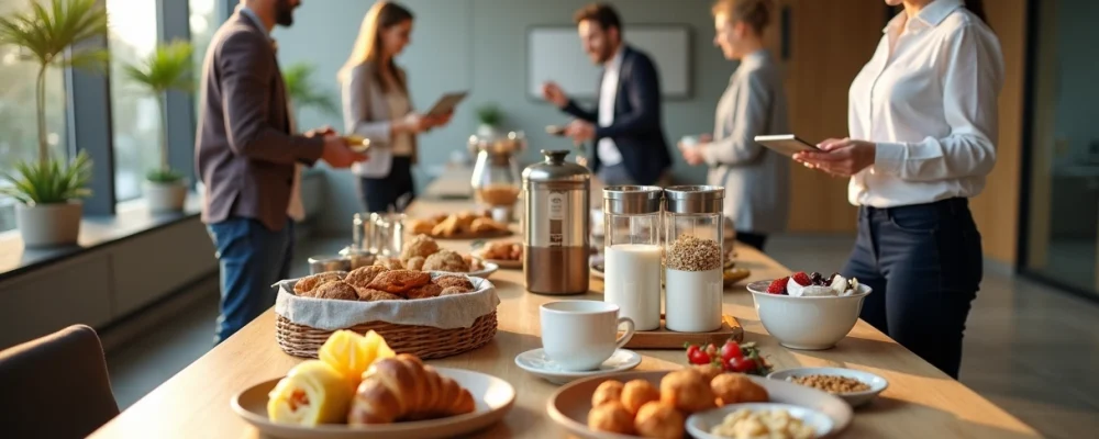 Mesa de café da manhã colaborativo em espaço de trabalho moderno