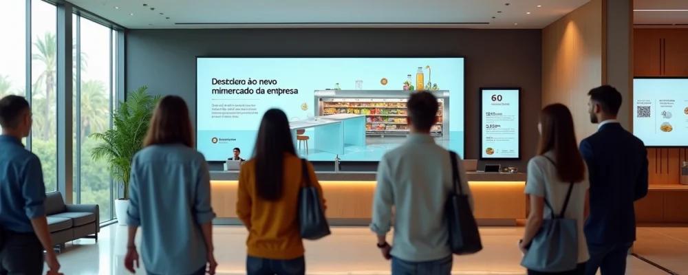 Video de boas-vindas sobre minimercado corporativo exibido em telão de recepção de empresa