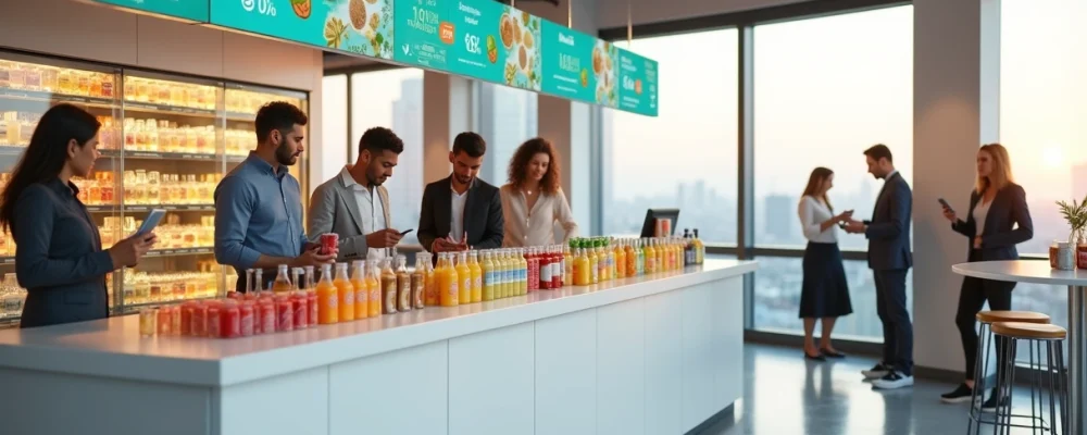 Colaboradores escolhendo bebidas coloridas em estação moderna de refrescos no escritório