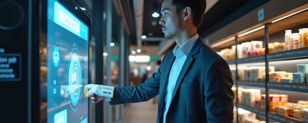 Cliente em mercado autônomo aproximando produto de leitora RFID transparente