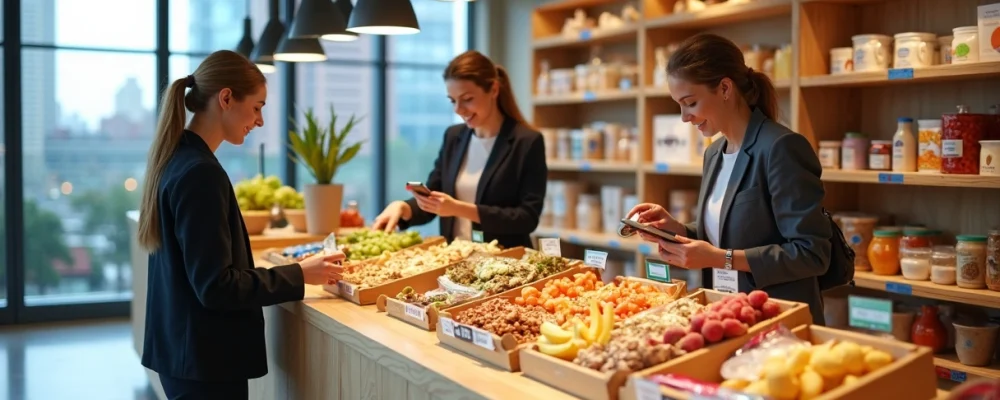Colaboradores analisando rótulos de produtos com restrições alimentares em área de convivência corporativa