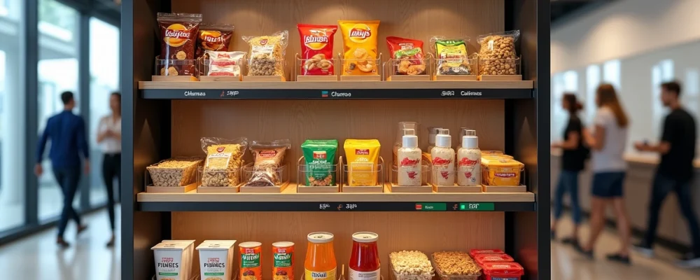 Prateleiras de mini mercado interno exibindo combos promocionais organizados no ambiente corporativo