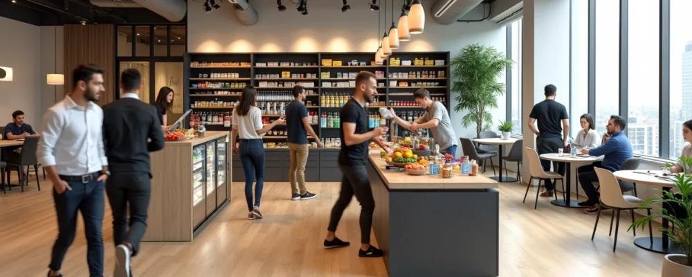 Vista ampla de coworking moderno com mercado modular integrado ao ambiente de trabalho