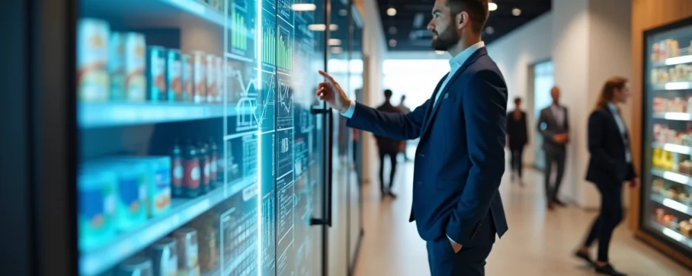 Analista ajustando gráficos de consumo em grande painel digital em área de conveniência corporativa