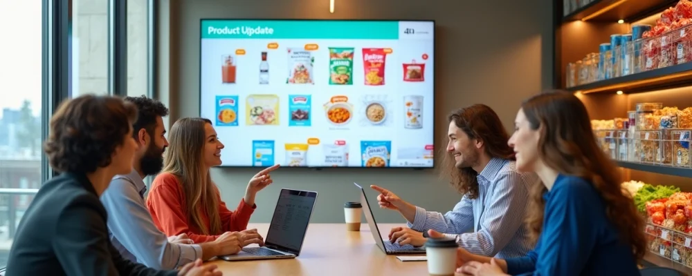 Equipe em escritório vendo apresentação com novidades de produtos