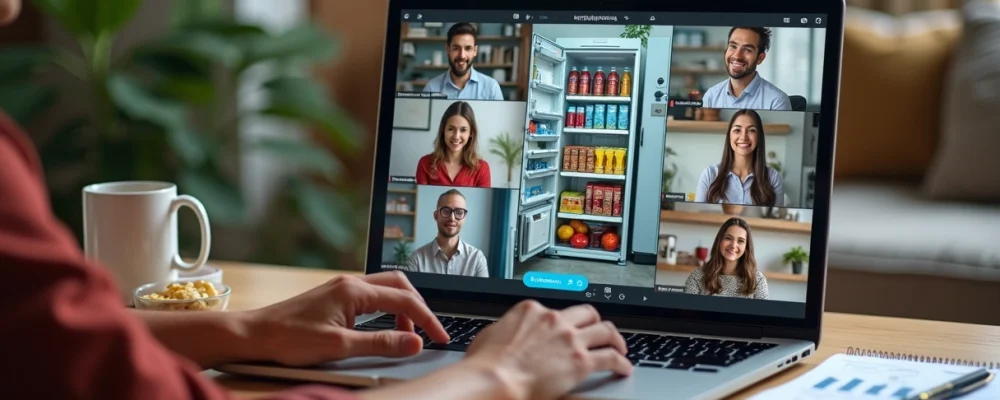 Grupo virtual em videoconferência observando minimercado corporativo na tela compartilhada
