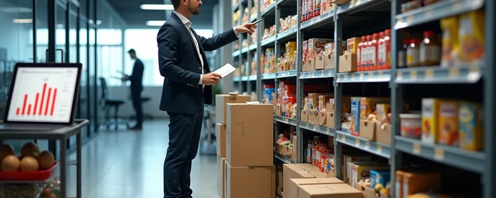 Gestor apontando falhas em estoque de mercado interno no escritório