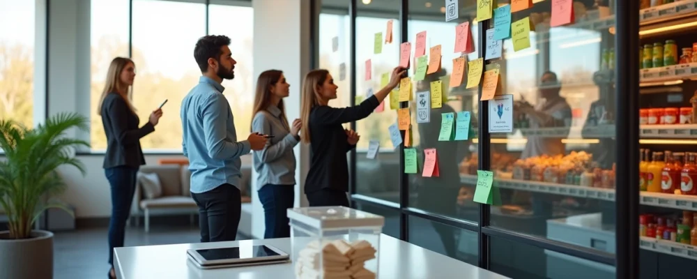 Funcionários colando post-its de feedback em painel perto de mural com produtos do mercado