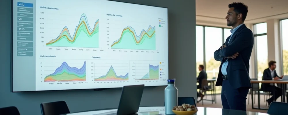 Gestor observa painel digital com gráfico de consumo sazonal em escritório corporativo
