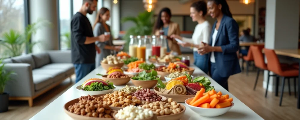 Colaboradores servem lanches veganos coloridos em espaço de convivência do escritório