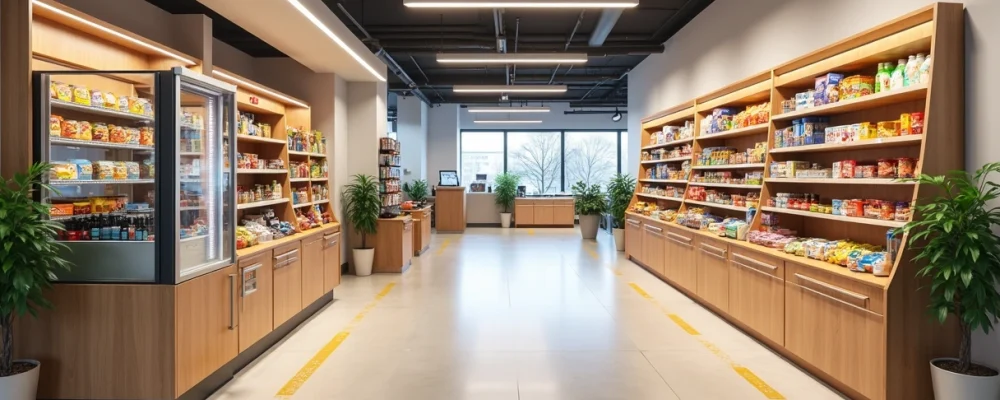 Layout ergonômico de minimercado interno com circulação ampla e prateleiras bem organizadas