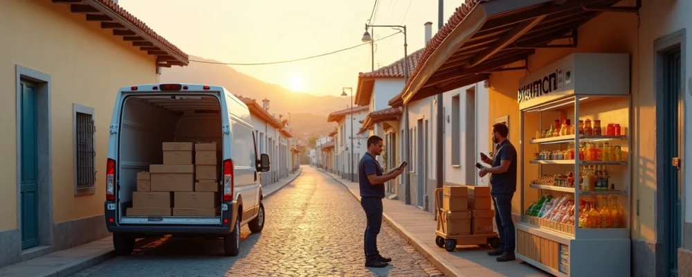 Furgão de entrega abastecendo mini mercado em cidade pequena ao amanhecer
