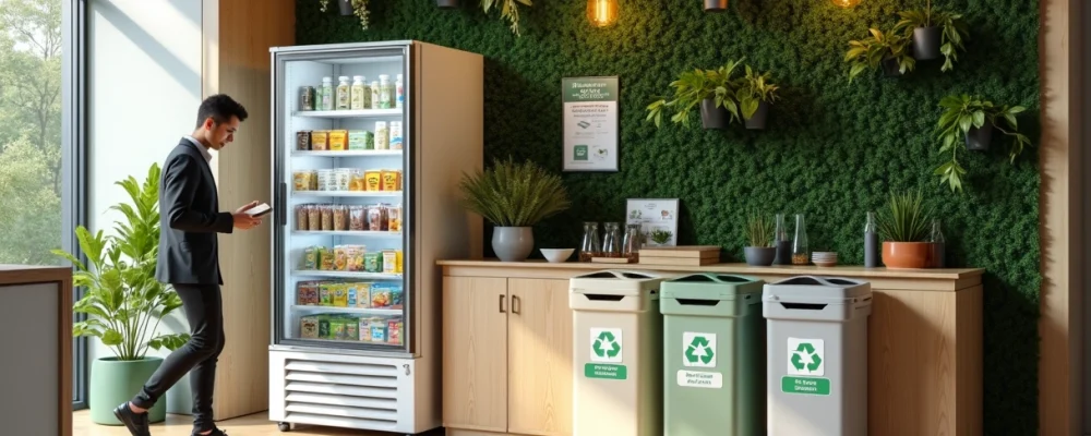 Minimercado corporativo integrado a parede verde com lixeira de reciclagem ao lado