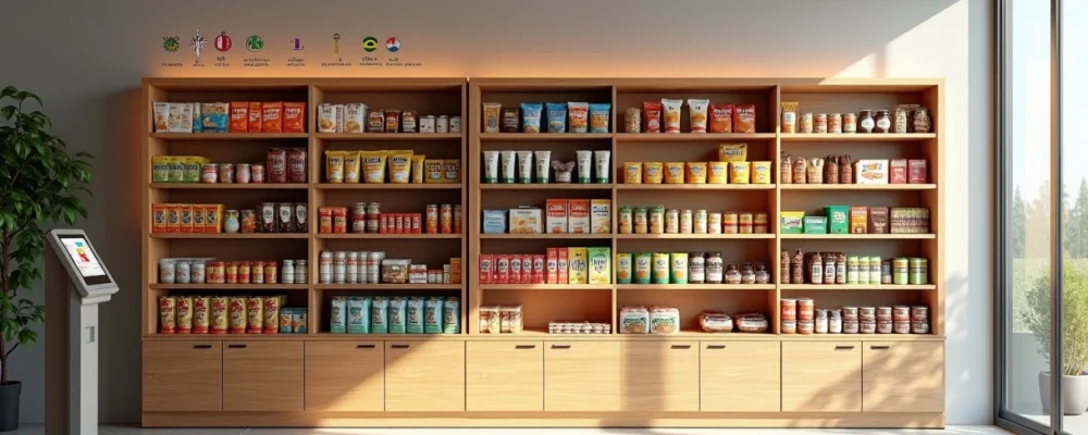 Prateleira de minimercado corporativo com snacks internacionais organizados por país