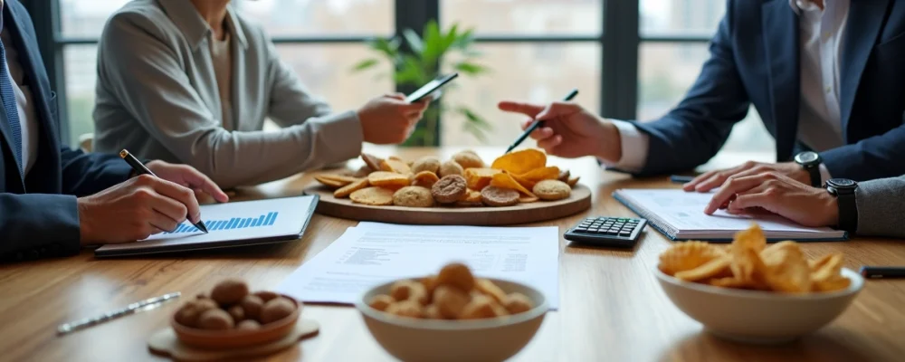 Gestores em reunião negociando contrato de fornecimento de snacks com fornecedor