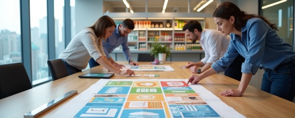 Equipe de empresa analisando planta de mini mercado corporativo em sala de reunião moderna